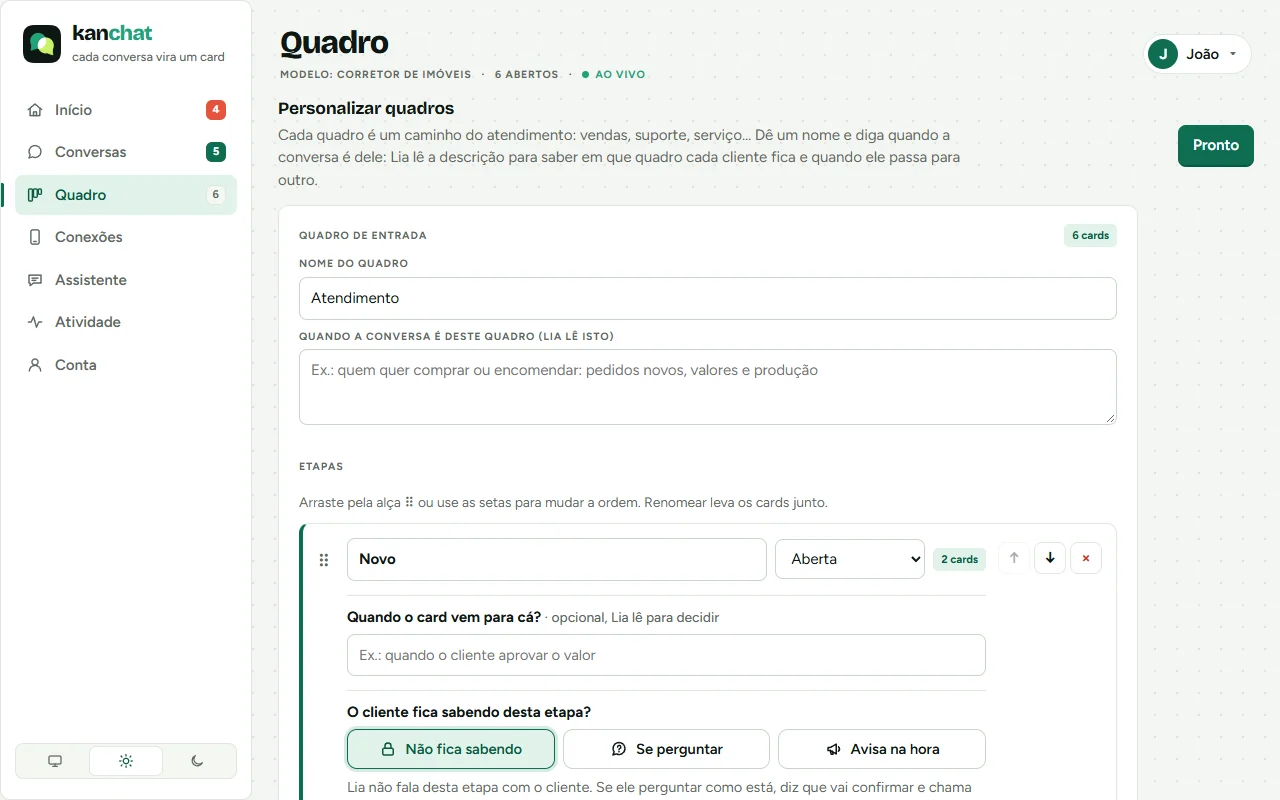 Personalizar quadros: o nome do quadro, quando a conversa é dele e as etapas
