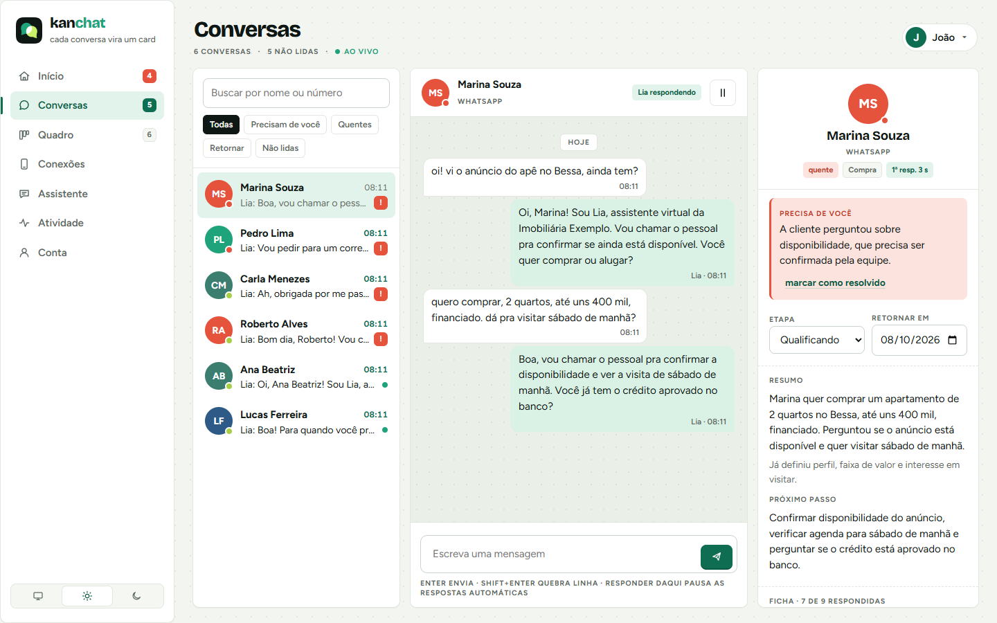 Kanchat's Conversations screen: the customer list on the left, the conversation with Marina in the middle and, on the right, her record with hot temperature, stage, follow-up date, summary and next step.