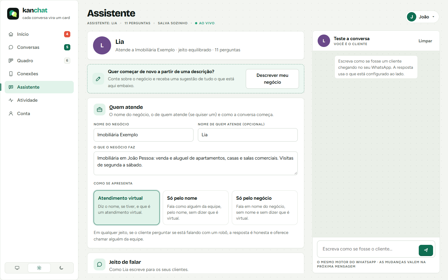 Kanchat's Assistant screen: the business name and who answers, what the business does and how the assistant introduces itself.